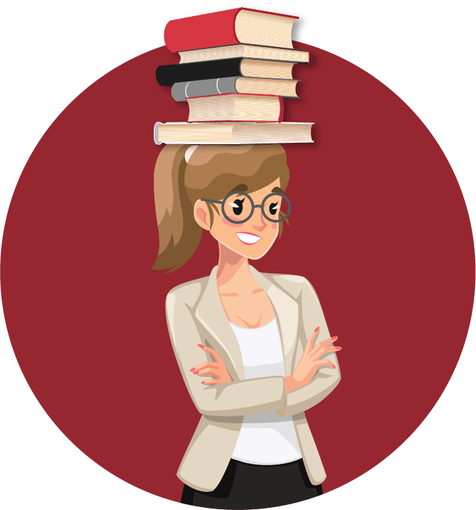 Illustration with books on top of girl's head